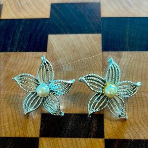 Elegant Vintage Silver and Faux Pearl Flower Earrings
